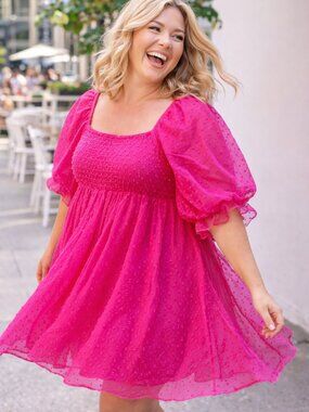 Pink Swiss Dot Babydoll Dress Puff Sleeve One Loved Babe L XL Flowy Summer Mini